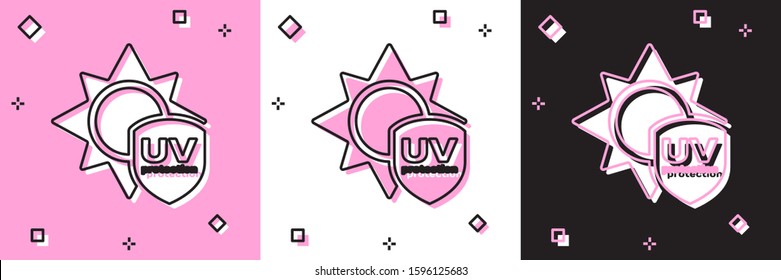 Set UV protection icon isolated on pink and white, black background. Sun and shield. Ultra violet rays radiation. SPF sun sign.  Vector Illustration