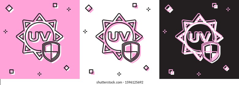 Set UV protection icon isolated on pink and white, black background. Sun and shield. Ultra violet rays radiation. SPF sun sign.  Vector Illustration