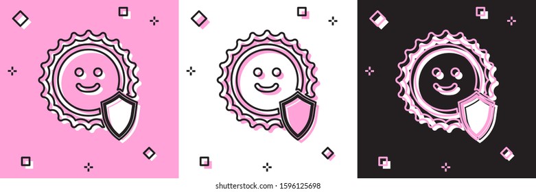 Set UV protection icon isolated on pink and white, black background. Sun and shield. Ultra violet rays radiation. SPF sun sign.  Vector Illustration