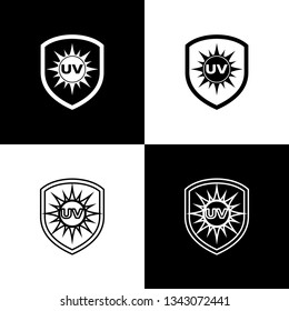 Set UV protection icons isolated on black and white background. Sun and shield. Ultra violet rays radiation. SPF sun sign. Line, outline and linear icon. Vector Illustration