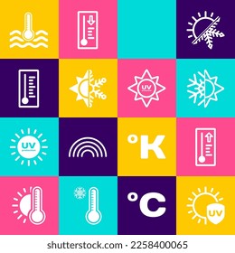 Set UV protection, Meteorology thermometer, Sun and snowflake, Rainbow with sun, Water and  icon. Vector