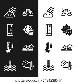 Set UV protection, Meteorology thermometer, Rainbow with cloud, clouds, Thermometer and moon and Water icon. Vector