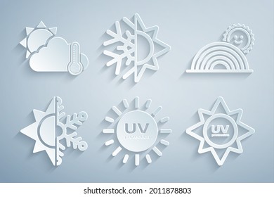 Set UV Protection, Rainbow With Sun, Sun And Snowflake,  And Thermometer Cloud, Icon. Vector