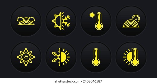 Establezca protección UV, Arcoiris con sol, sol y copo de nieve, Termómetro de meteorología, Icono de termómetro y nubes. Vector