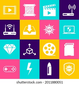 Set UV protection, SD card, Laptop with shield, Movie clapper, Download inbox and Router and wi-fi icon. Vector