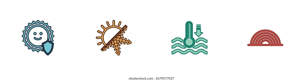 Establecer la protección UV, sol y copo de nieve, termómetro de agua y el icono del arco iris. Vector