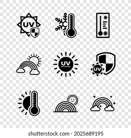 Setzen Sie UV-Schutz, Thermometer mit Schneeflocken, Meteorologie-Thermometer, Sonne, Regenbogen, Wolken und Symbol. Vektorgrafik