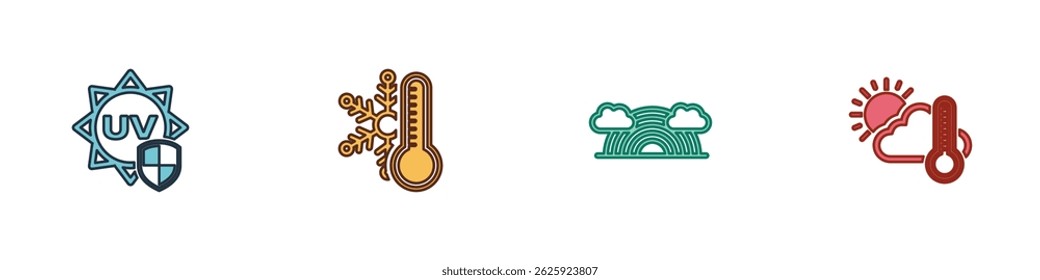 Set UV protection, Thermometer with snowflake, Rainbow clouds and and cloud, sun icon. Vector