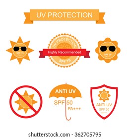 Set of UV Sun Protection and anti UV icons. Vector illustration isolated on white