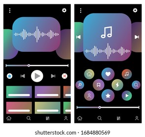 set of UX audio player templates in vector with design elements and icons. Mockup phone player, app, ui. Channel. Social media concept. Vector illustration. EPS 10