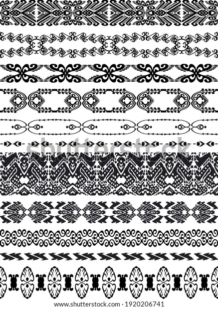 Set of Uzbek,\
Kazakh, Kyrgyz, national Islamic seamless ornaments. Muslim\
borders, dividers for ornate frames. Simple elegant vector line\
decor in arabesque ethnic\
style.