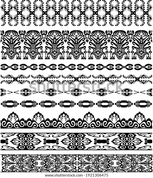 Set of Uzbek,\
Kazakh, Kyrgyz, national Islamic seamless ornaments. Ornate muslim\
borders, dividers and frames. Simple elegant vector line decor in\
arabesque ethnic style.