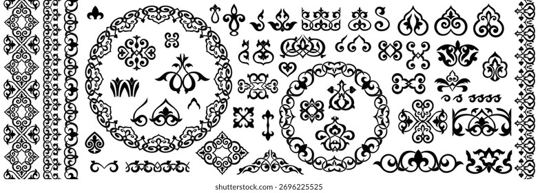 Set of Uzbek, Kazakh ornamental elements, national ornament, Islamic pattern, isolated on a white background, vector design
