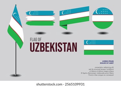 Set of Uzbekistan flag in 5 designs: flag on pole, brush stroke, skew, round and standard. vector, flat, isolated on grey background
