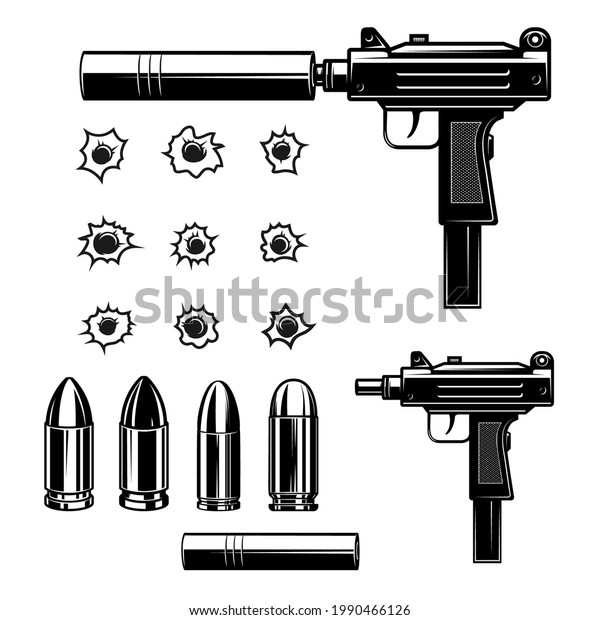 Set of uzi submachine gun, bullets, bullet\
holes, mufflers. Design element for logo, label, sign, emblem.\
Vector illustration