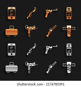 UZI Submaschinengewehr, Pfefferspray, Knife Holster, Jagd, Waffengehäuse, Mauser, Shop-Waffe mobile App und Icon. Vektorgrafik