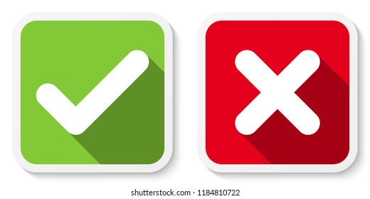 Set of V and X icons, buttons. Flat square check & cancel symbol stickers. Vector EPS 10