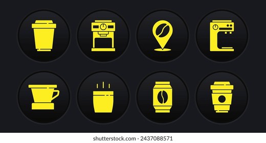 Set V60 coffee maker, Coffee machine, cup, Bag beans, Location with, to go and  icon. Vector