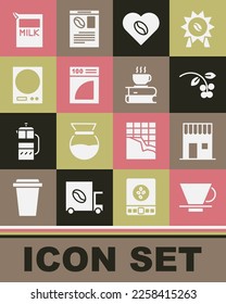 Set V60 coffee maker, Coffee shop, bean, branch, Lovers, paper filter, Electronic scales, Paper package for milk and cup and book icon. Vector