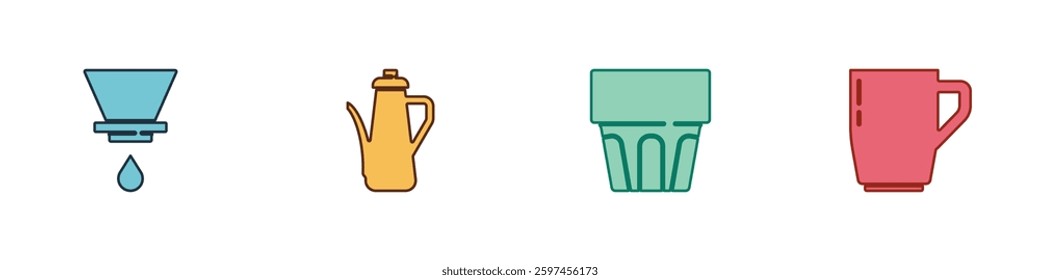 Set V60 coffee maker, Teapot, Glass with water and Coffee cup icon. Vector