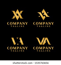 Set of VA Letter Logo initials. Vector template with gold color on dark background.