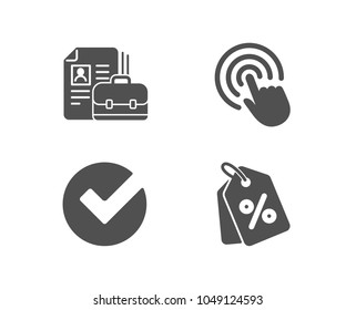 Set of Vacancy, Click and Verify icons. Discount tags sign. Hiring job, Cursor pointer, Selected choice. Sale coupons.  Quality design elements. Classic style. Vector