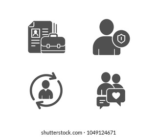 Set of Vacancy, Security and Person info icons. Dating chat sign. Hiring job, Person protection, Refresh user data. People love.  Quality design elements. Classic style. Vector
