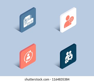 Set of Vacancy, Security and Person info icons. Dating chat sign. Hiring job, Person protection, Refresh user data. People love.  3d isometric buttons. Flat design concept. Vector