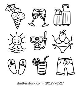 set of vacation and beach resort black outline icons