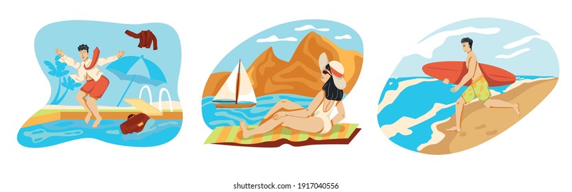Set of vacation by sea. Businessman jumps into the pool in clothes. The girl lies on the beach. A guy with a surfboard running into the water. Vector illustration design