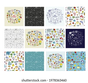 Set of vacation cards and paterns. Can be used for decoration of albums, blog, web sites, postcard, poster. Sea elements - anchor, palm, fish, hat, ship, shell. Happy traveling! 