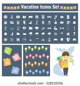 Set of Vacation Icons with Cute Traveller Cartoon for Things to Check Before Leaving on Vacation or Holiday