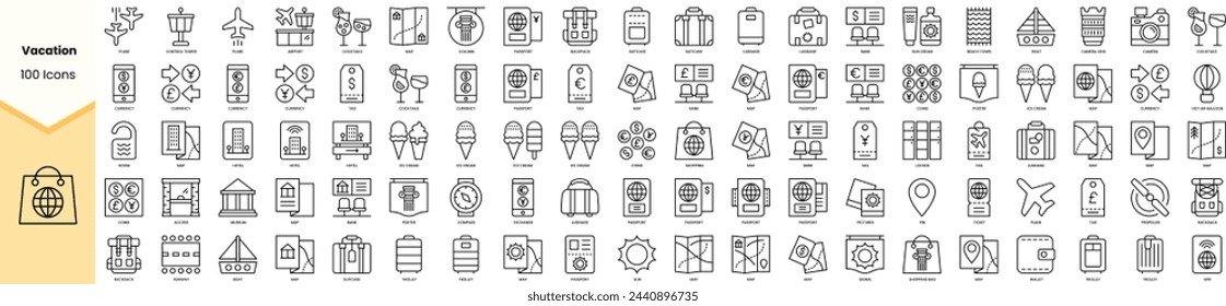 Conjunto de iconos de vacaciones. Paquete de iconos de estilo de arte de línea simple. Ilustración de vector