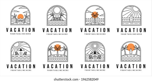 set of vacation on the beach logo line art vector illustration template design. bundle collection with various tropical island badge concept illustration design