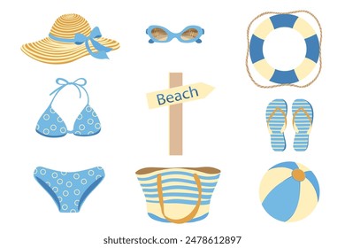 Set for vacation on the beach, Vector women's illustrations of straw hat, swimsuit, sunglasses, flip flops, bag, inflatable ball, lifebuoy and beach sign in flat style