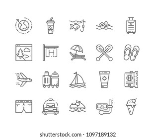  Set of Vacation outline icons isolated on white background. Editable Stroke. 64x64 Pixel Perfect.