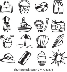 A Set of vacation template icons suitable for sport, holiday, romance, vacation, nature, outdoor and aerospace content with doodle cartoon style