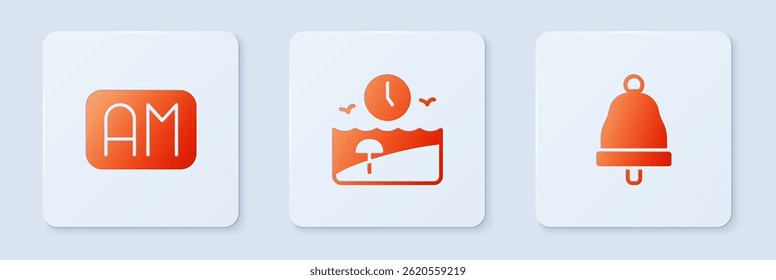 Set Vacation time, Morning and Ringing bell. White square button. Vector
