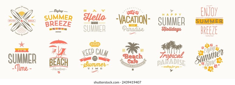 Set of vacation and travel logo and emblems. Summer holidays type design. Vector illustration.