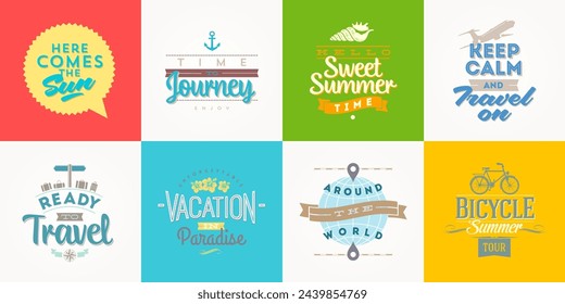 Set of vacation and travel logo and emblems. Summer holidays type design. Vector illustration.