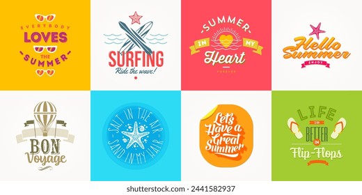 Set of vacation and travel logo and emblems. Summer holidays type design. Vector illustration.