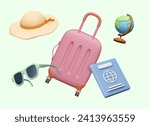 Set of vacationer accessories. 3D pink plastic suitcase, passport, globe, sunglasses, sun hat. Vector concept of floating objects. Web design in cartoon style