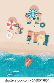 A set of vacationers, sunbathing people on the beach. Men and women spend time on vacation at sea. Vector lying men, women, beach bag, flip flops, lounge chairs, towels, swimming circle unicorn