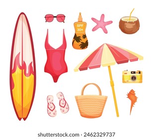 Set for Vacations and Travel. Swimsuit, surfboard, camera, beach flip-flops, sunglasses, sun, beach bag, coconut, sunscreen. Vector illustration. Cartoon style. Summer, sea, beach. Tourism