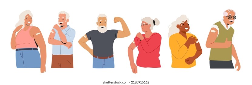 Set Of Vaccinated Old People, Positive Senior Characters Show Patch On Shoulder Isolated On White Background. Elderly Person Immunization, Vaccination, Health Care Concept. Cartoon Vector Illustration