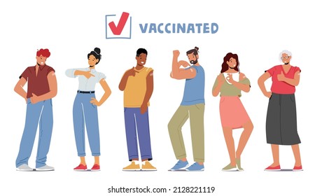 Set of Vaccinated People Show Patch and Positive Gestures, Male and female Characters Isolated on White Background. Immunization, Vaccination, Health Care Concept. Cartoon Vector Illustration