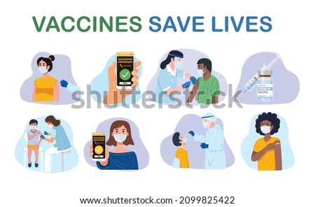 Set of vaccination concept, people with face masks getting vaccinated for covid-19. Vector