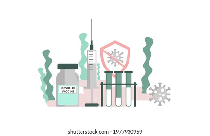 Set of vaccination elements. Vaccine bottle, syringe, tubes, and protective shield. Pastel vector design. Fight Covid-19.