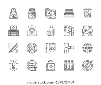 Set of Vaccination Line Icons. Nurse, Medical Jar, Patient Files, Vaccine, Hospital, Ampoules, Thermometer, Dropper, Bacteria, First Aid Kit and more. Pack of 48x48 Pixel Icons