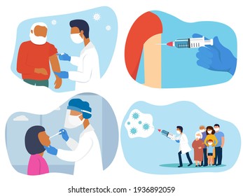 Set vaccination of people during a pandemic. A new remedy for a global virus. The doctor takes a test from the patient. Protection of the population. Vector graphics